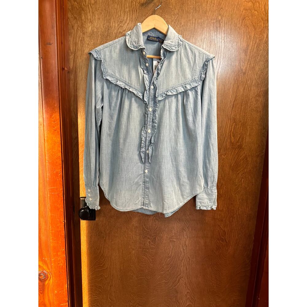 Vintage Polo Ralph Lauren Ruffle-Trim Denim Cotton Shirt